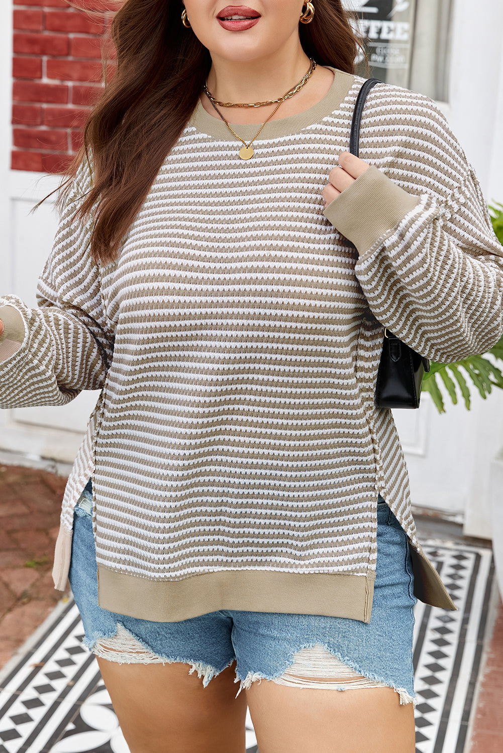 Brown Stripe Plus Size Knit Ribbed Long Sleeve Top Relaxed Dear-Lover Dropshipping